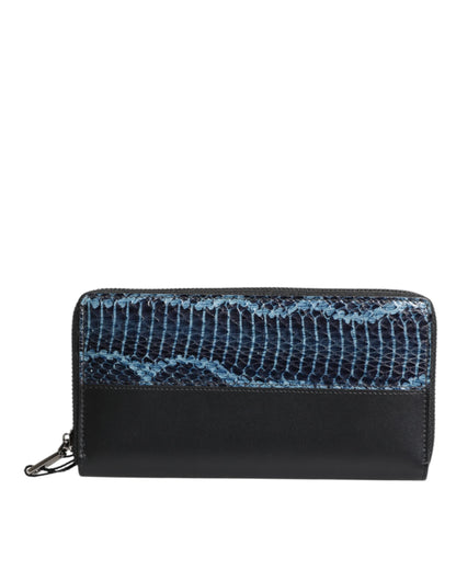 Dolce &amp; Gabbana Black Blue Exotic Leather Embossed Continental Wallet