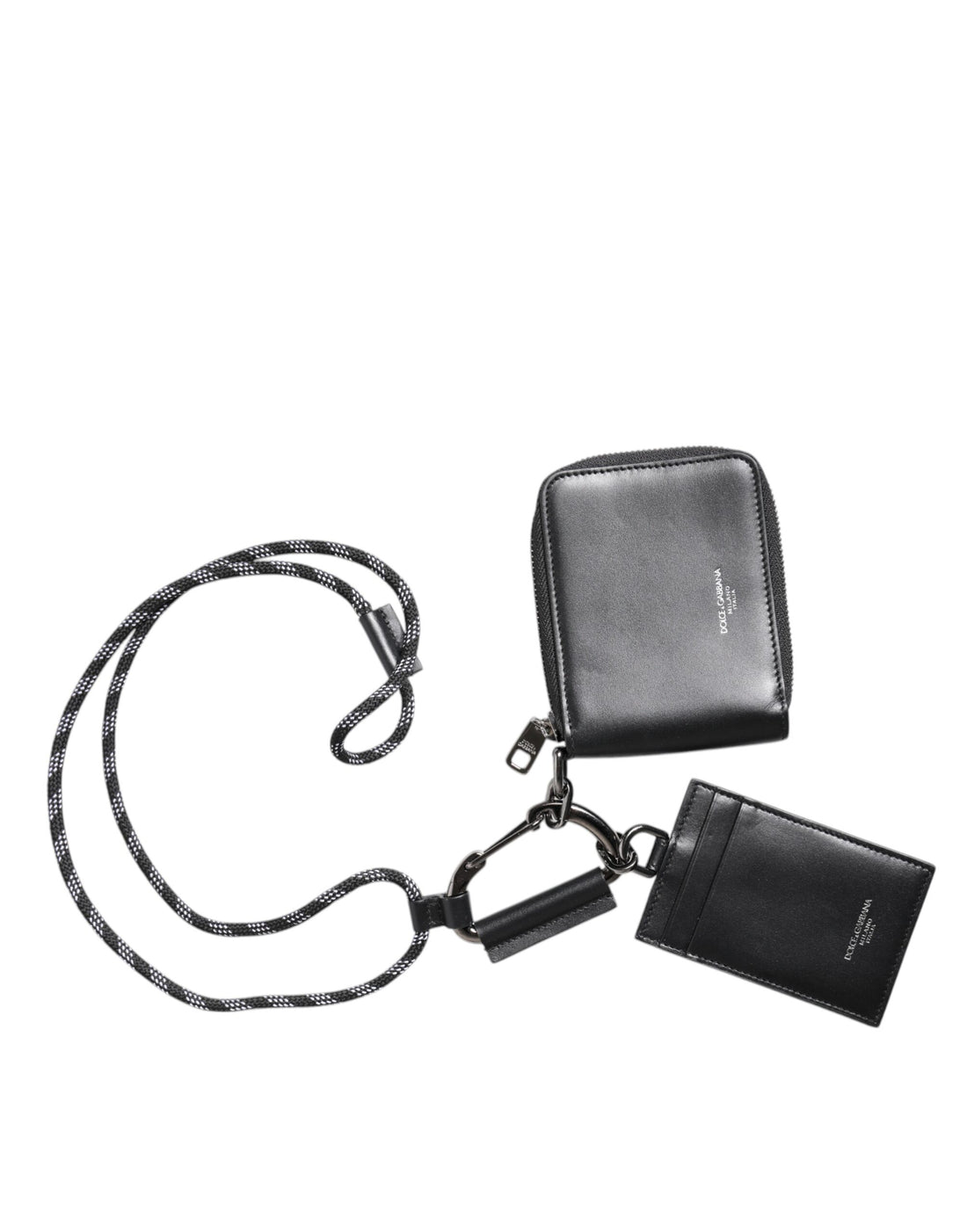 Dolce &amp; Gabbana Black Leather Lanyard Zip Around Card Holder Wallet