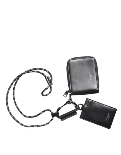 Dolce &amp; Gabbana Black Leather Lanyard Zip Around Card Holder Wallet