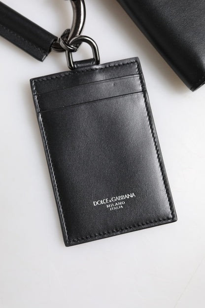 Dolce &amp; Gabbana Black Leather Lanyard Zip Around Card Holder Wallet