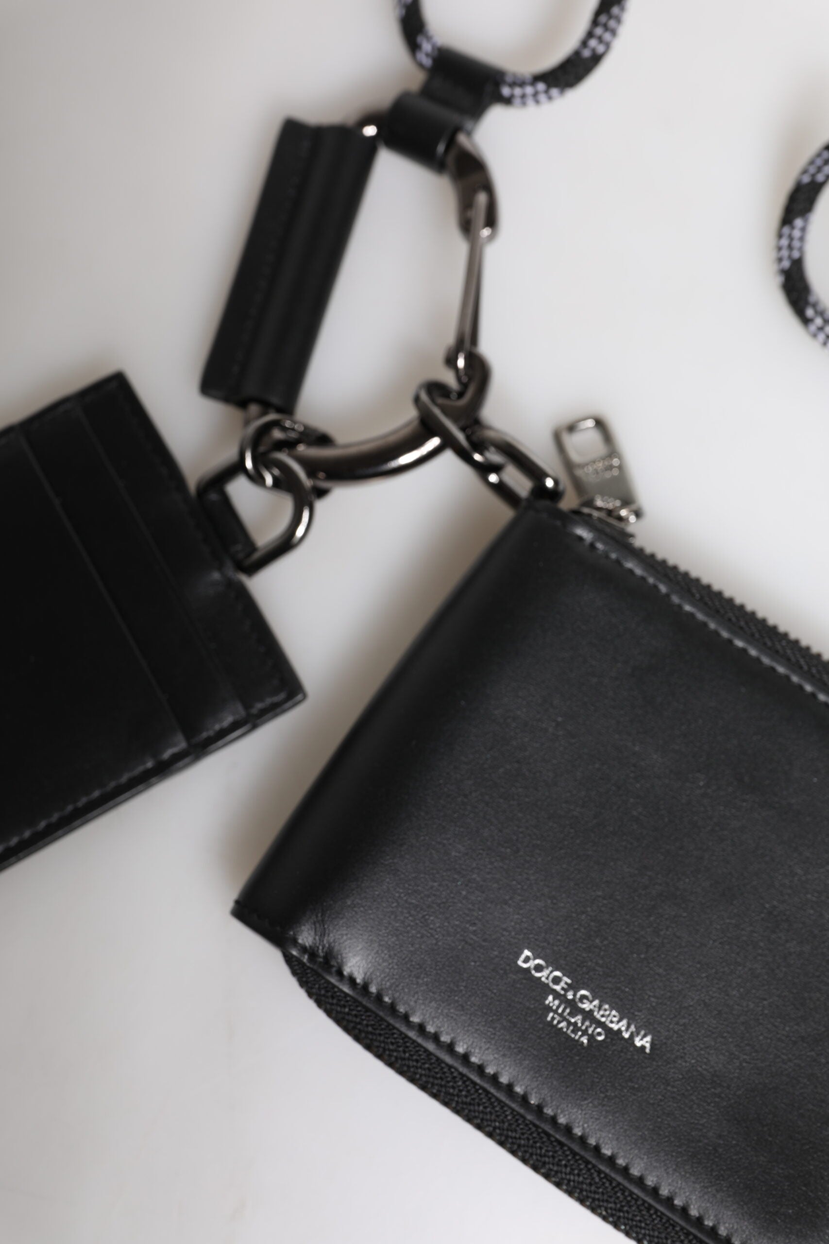 Dolce &amp; Gabbana Black Leather Lanyard Zip Around Card Holder Wallet