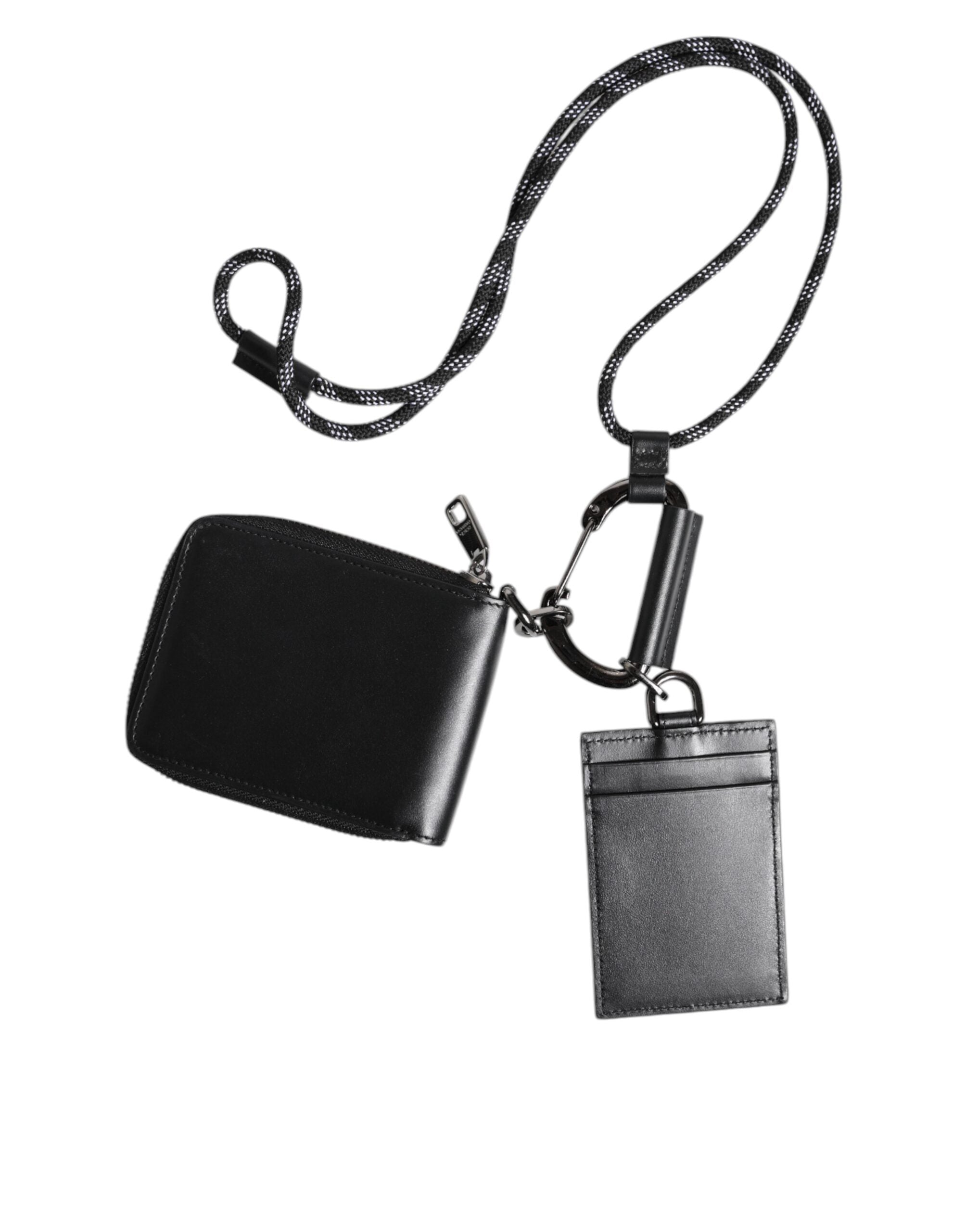 Dolce &amp; Gabbana Black Leather Lanyard Zip Around Card Holder Wallet