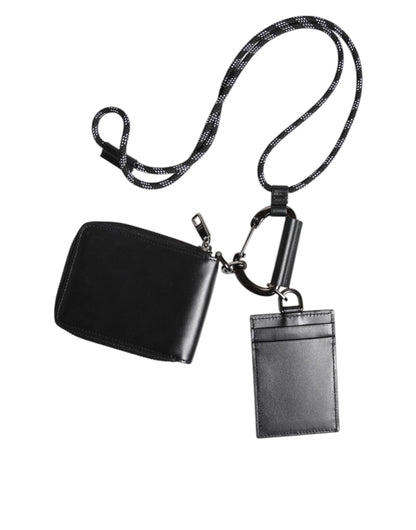 Dolce &amp; Gabbana Black Leather Lanyard Zip Around Card Holder Wallet