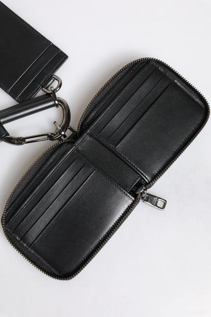 Dolce &amp; Gabbana Black Leather Lanyard Zip Around Card Holder Wallet