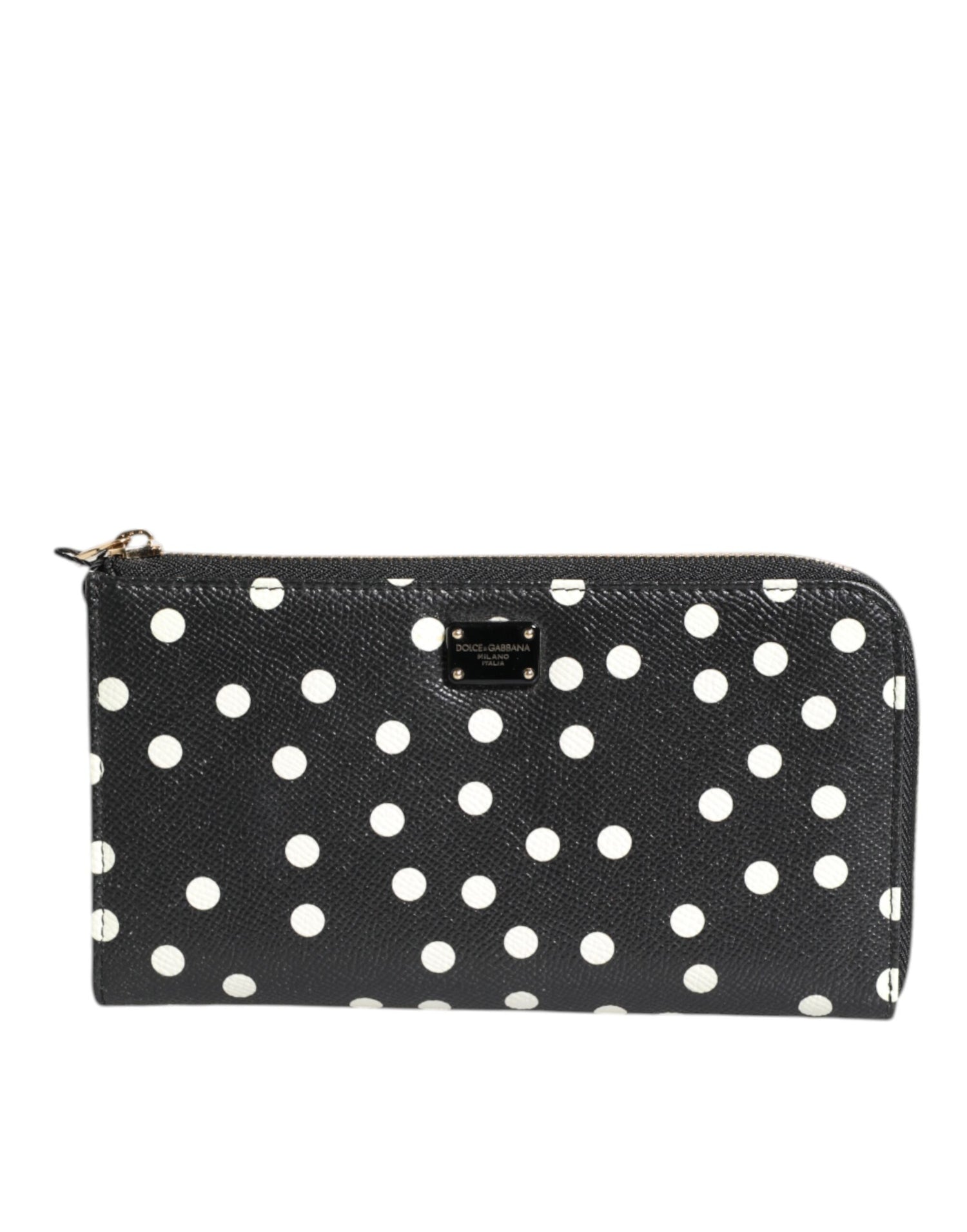 Dolce &amp; Gabbana Black White Dotted Leather Zip Around Continental Wallet