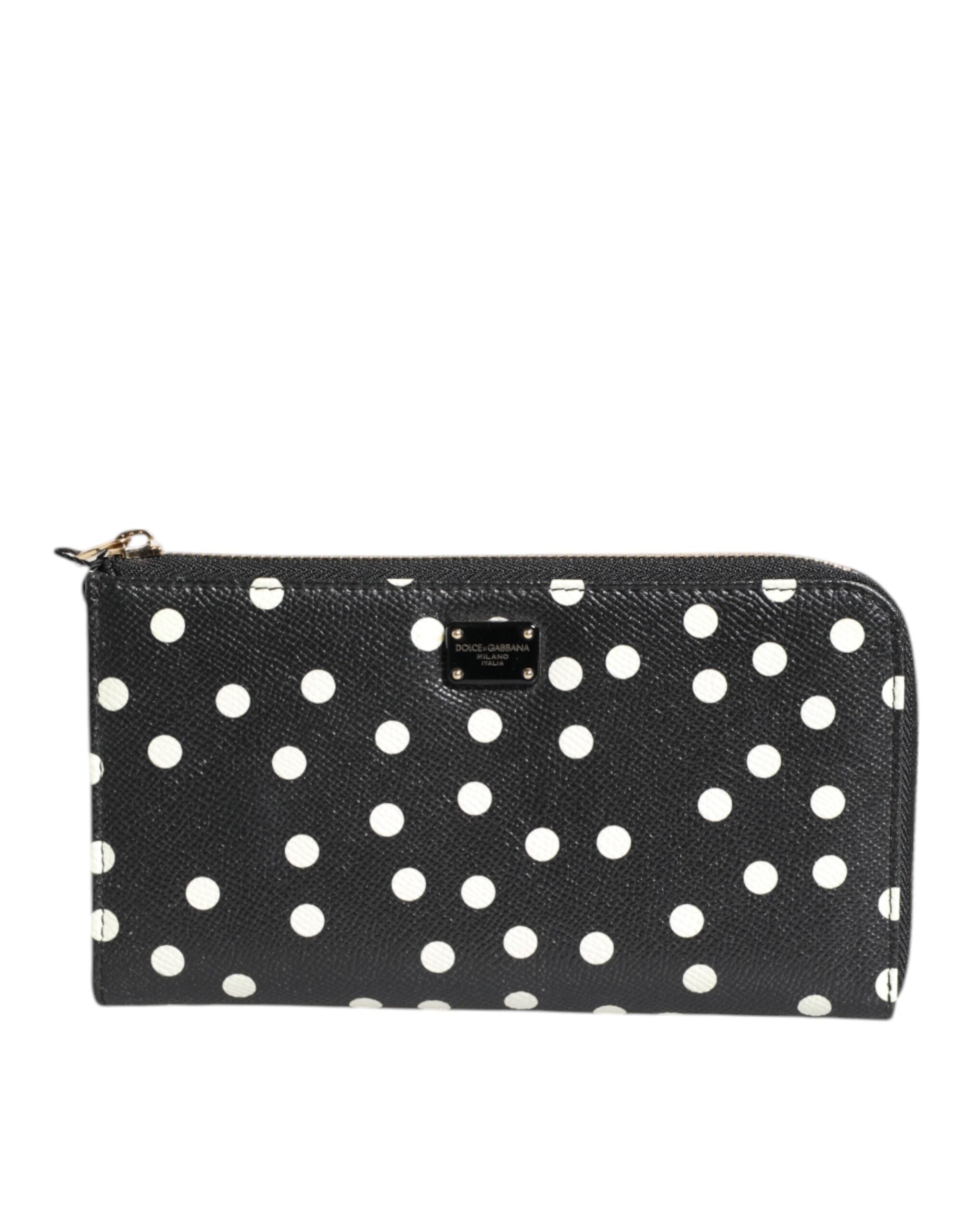 Dolce &amp; Gabbana Black White Dotted Leather Zip Around Continental Wallet