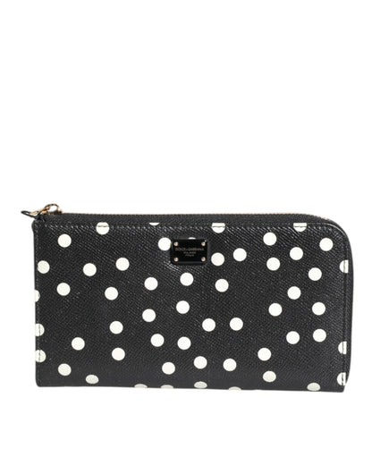 Dolce &amp; Gabbana Black White Dotted Leather Zip Around Continental Wallet