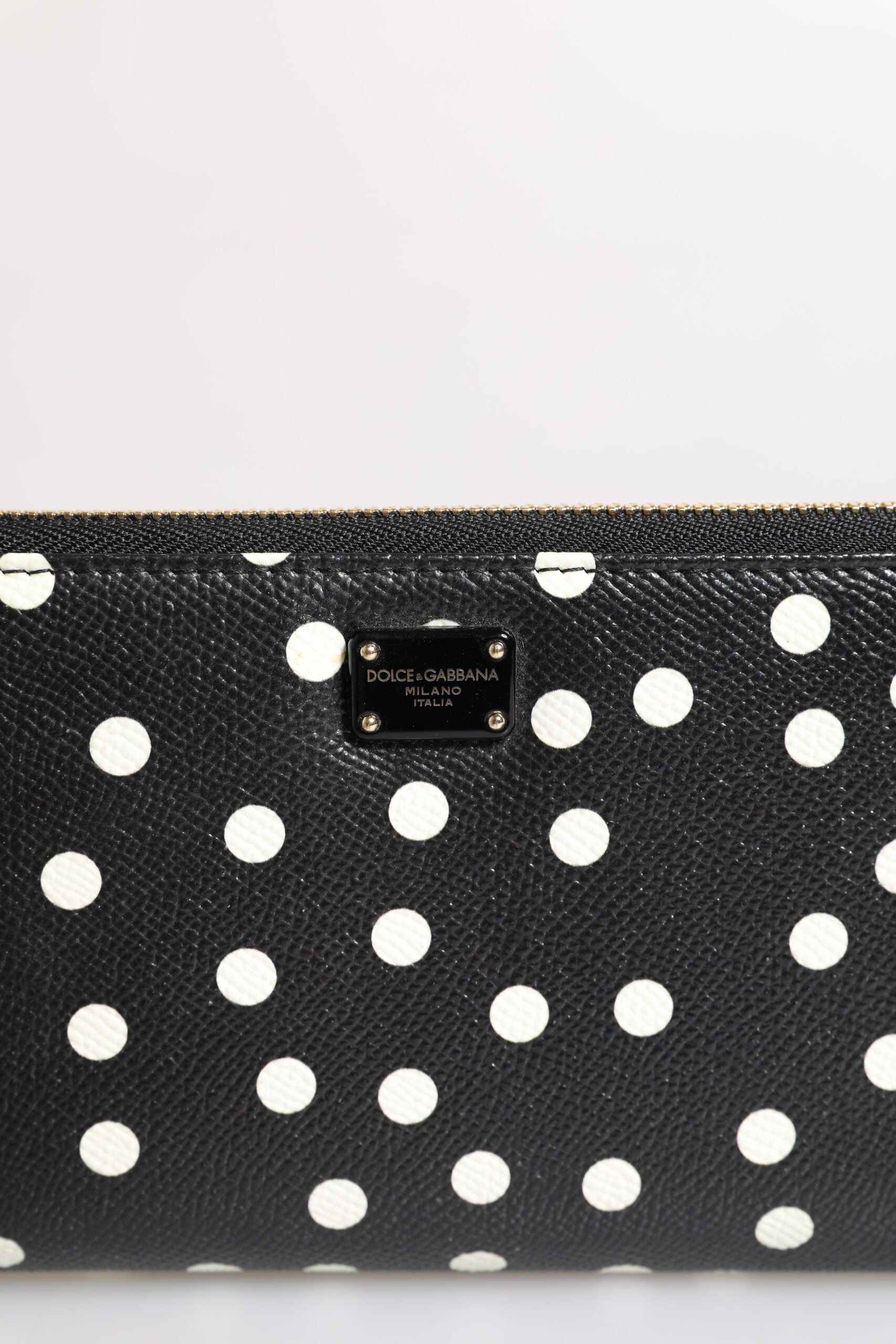 Dolce &amp; Gabbana Black White Dotted Leather Zip Around Continental Wallet