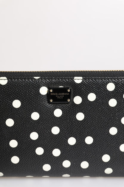 Dolce &amp; Gabbana Black White Dotted Leather Zip Around Continental Wallet