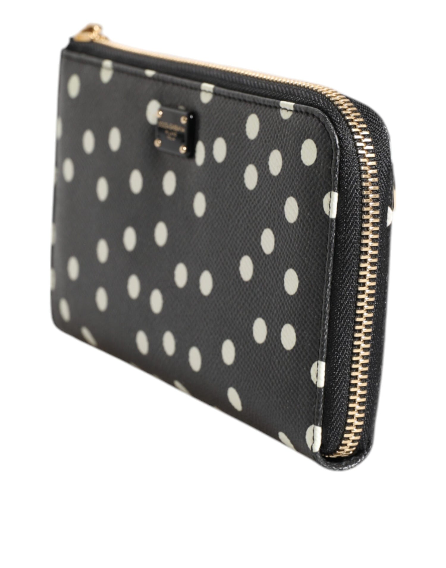 Dolce &amp; Gabbana Black White Dotted Leather Zip Around Continental Wallet
