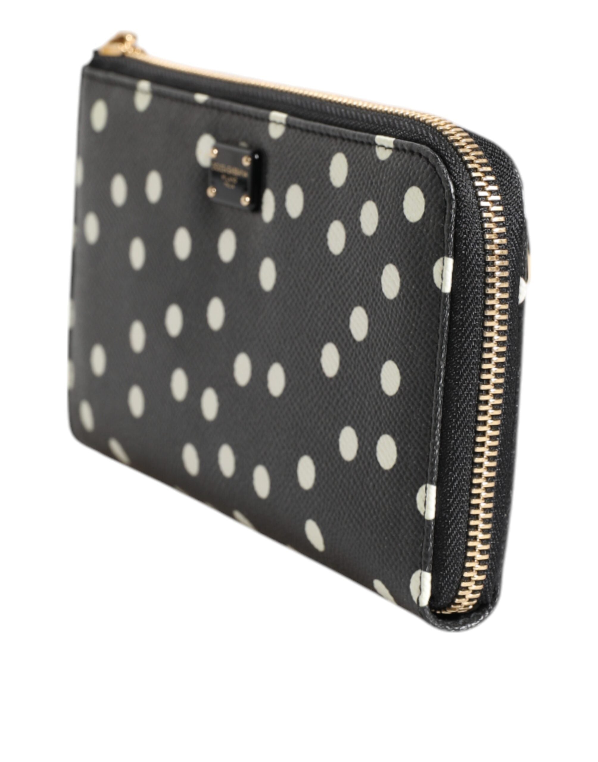 Dolce &amp; Gabbana Black White Dotted Leather Zip Around Continental Wallet