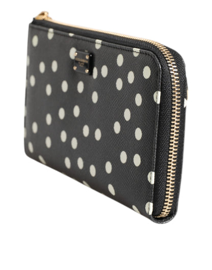 Dolce &amp; Gabbana Black White Dotted Leather Zip Around Continental Wallet