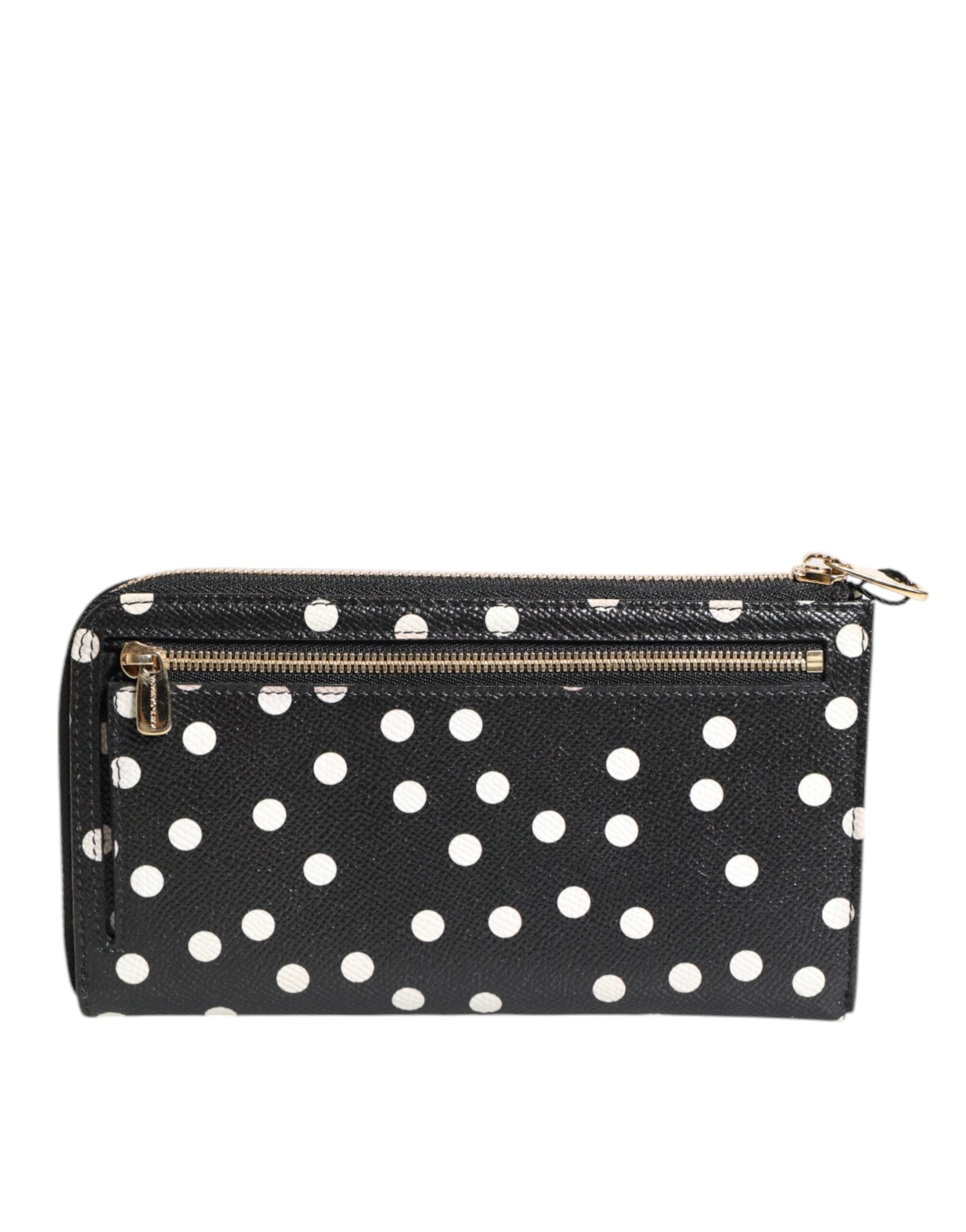 Dolce &amp; Gabbana Black White Dotted Leather Zip Around Continental Wallet