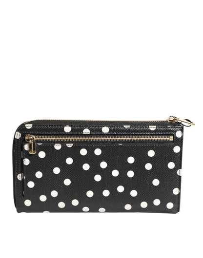 Dolce &amp; Gabbana Black White Dotted Leather Zip Around Continental Wallet