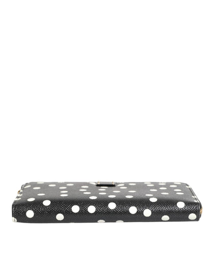 Dolce &amp; Gabbana Black White Dotted Leather Zip Around Continental Wallet