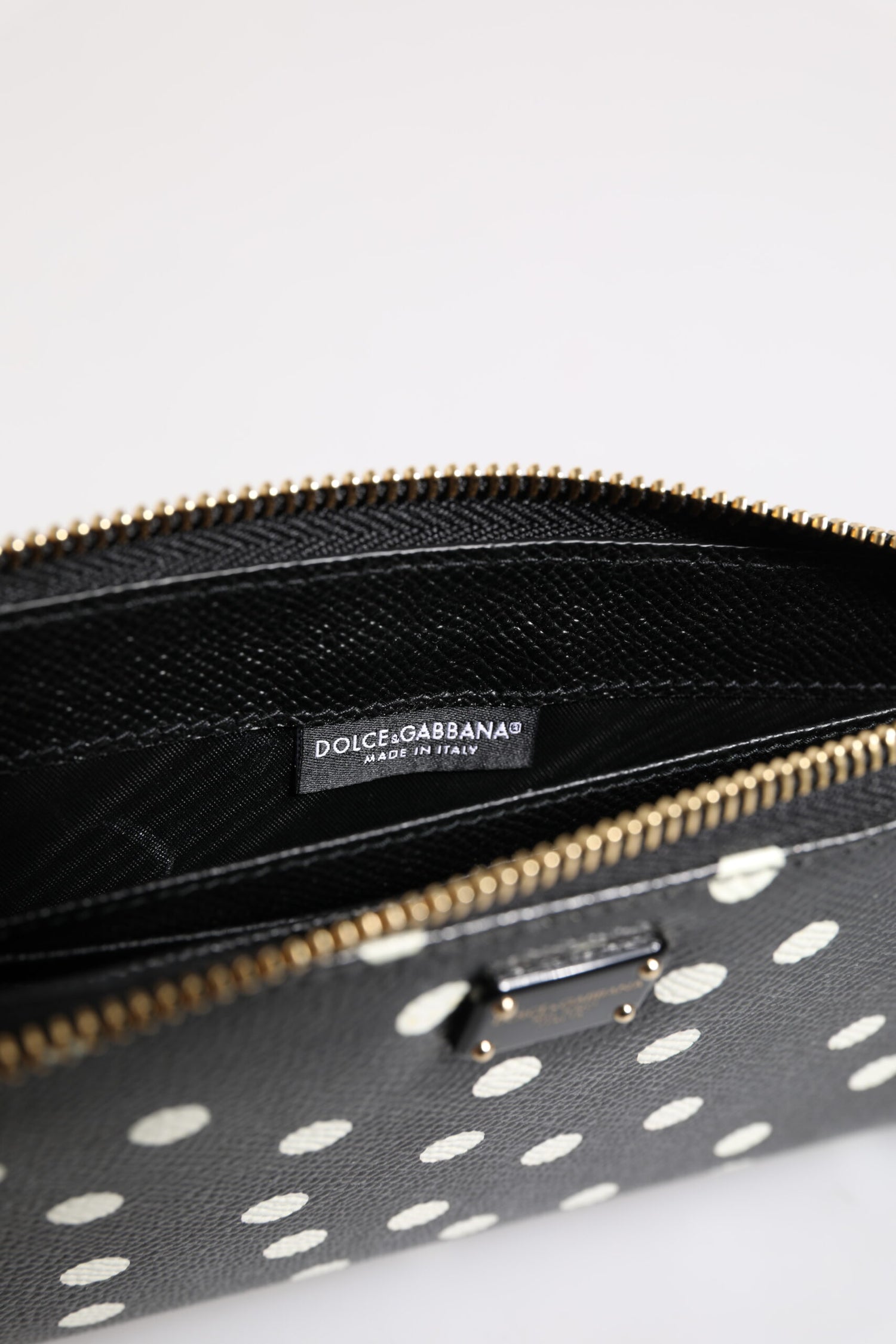 Dolce &amp; Gabbana Black White Dotted Leather Zip Around Continental Wallet