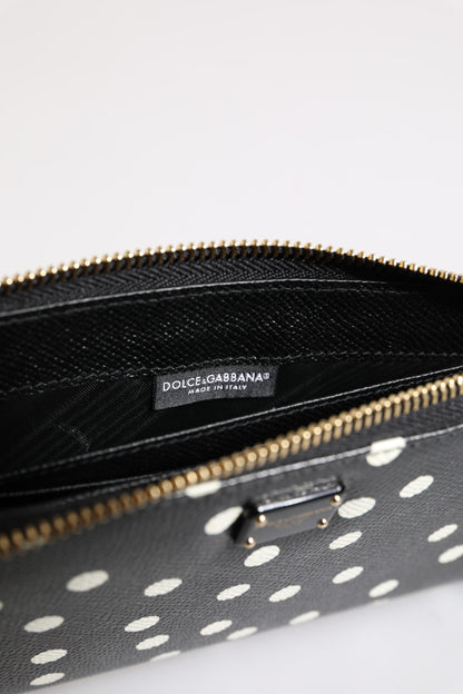 Dolce &amp; Gabbana Black White Dotted Leather Zip Around Continental Wallet