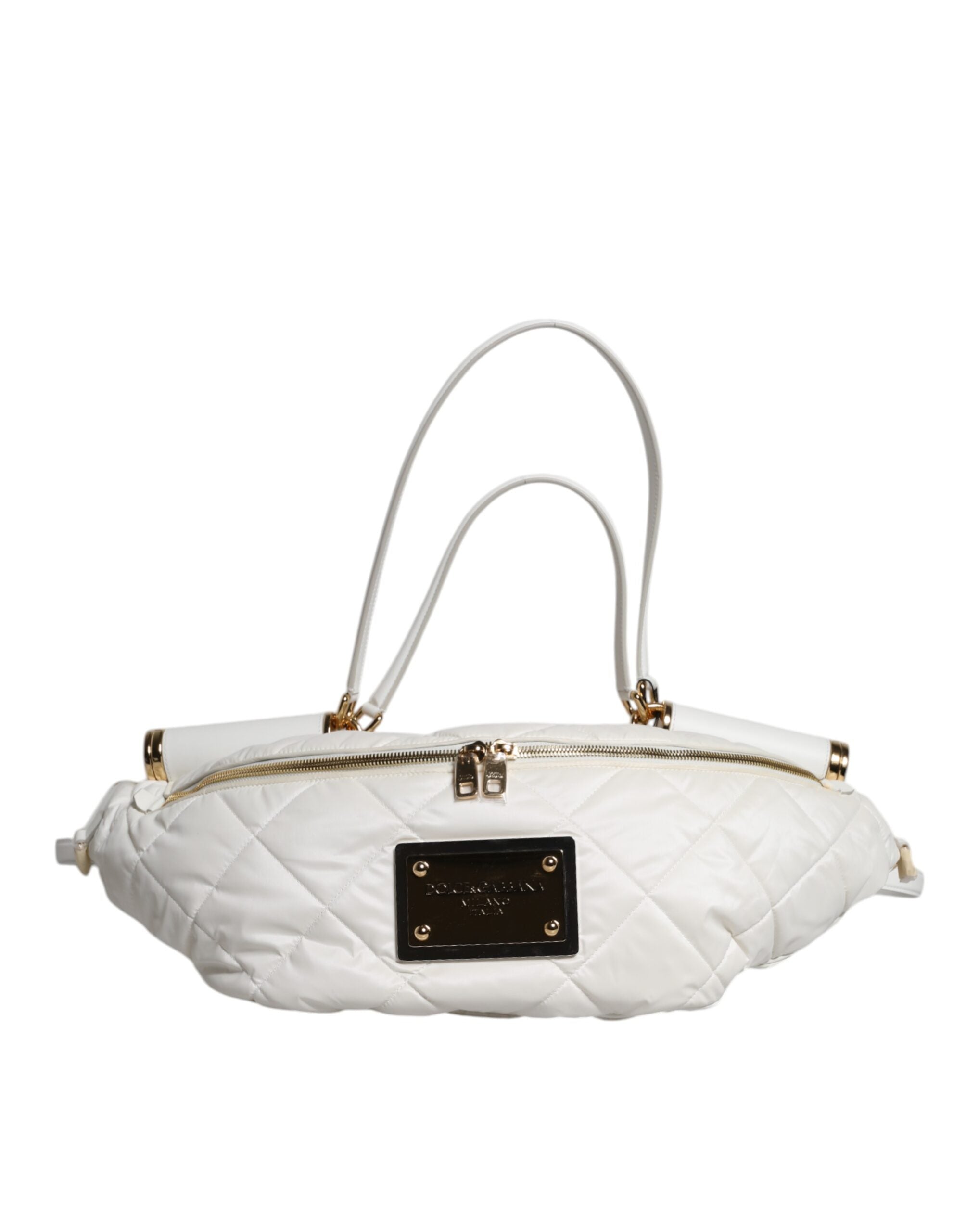 Dolce &amp; Gabbana White Quilted Logo Plaque Belt Waist Fanny Pack Bag