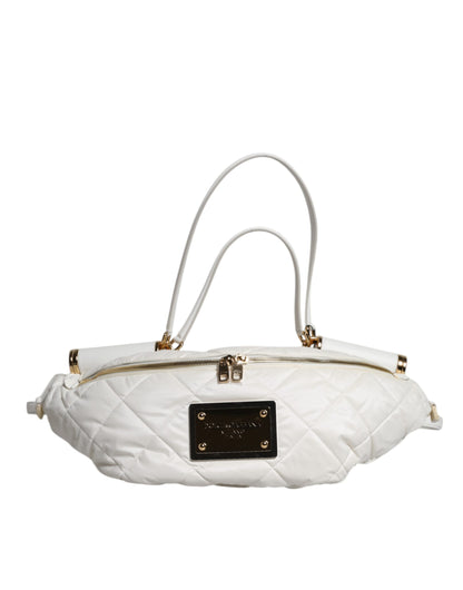 Dolce &amp; Gabbana White Quilted Logo Plaque Belt Waist Fanny Pack Bag