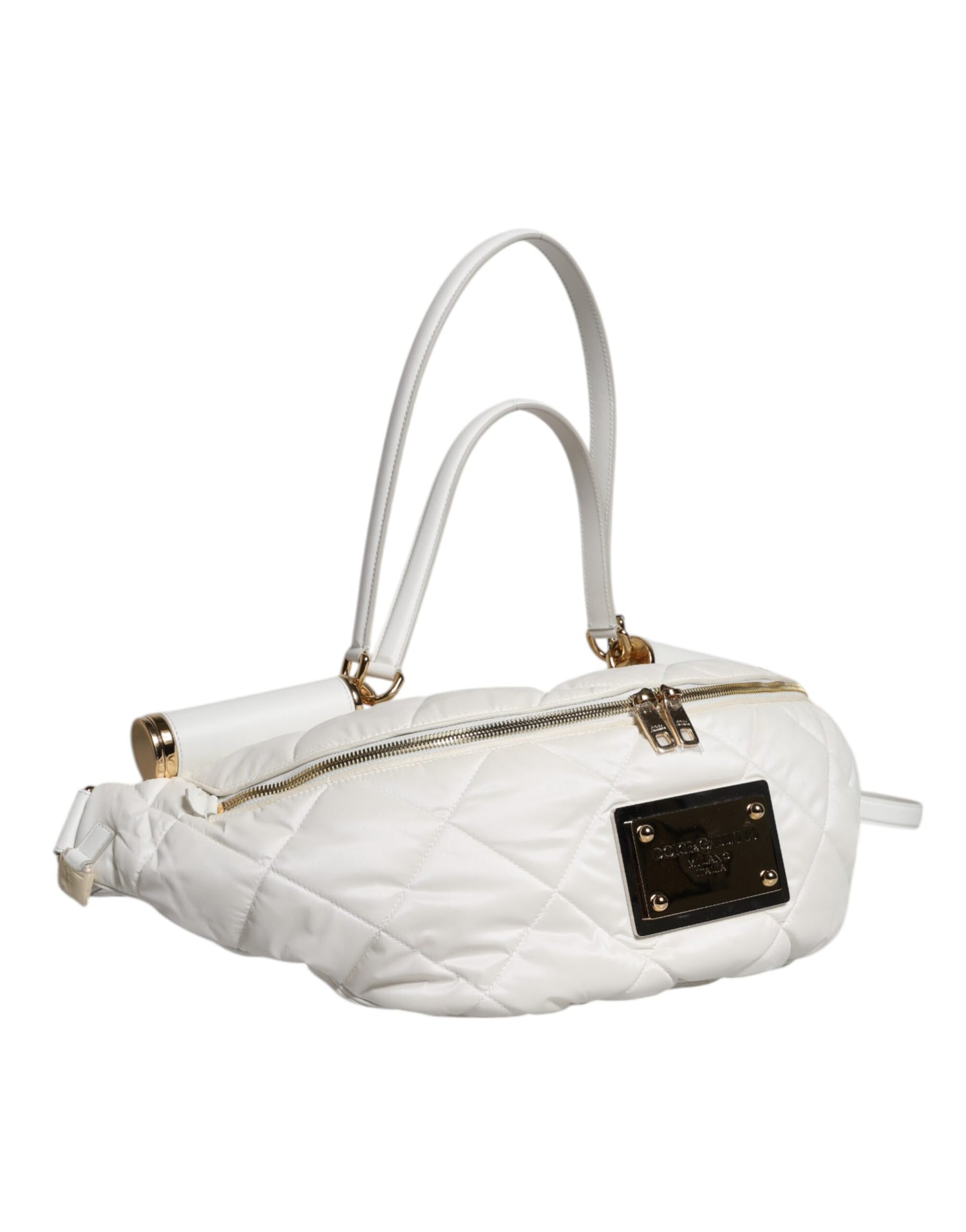Dolce &amp; Gabbana White Quilted Logo Plaque Belt Waist Fanny Pack Bag