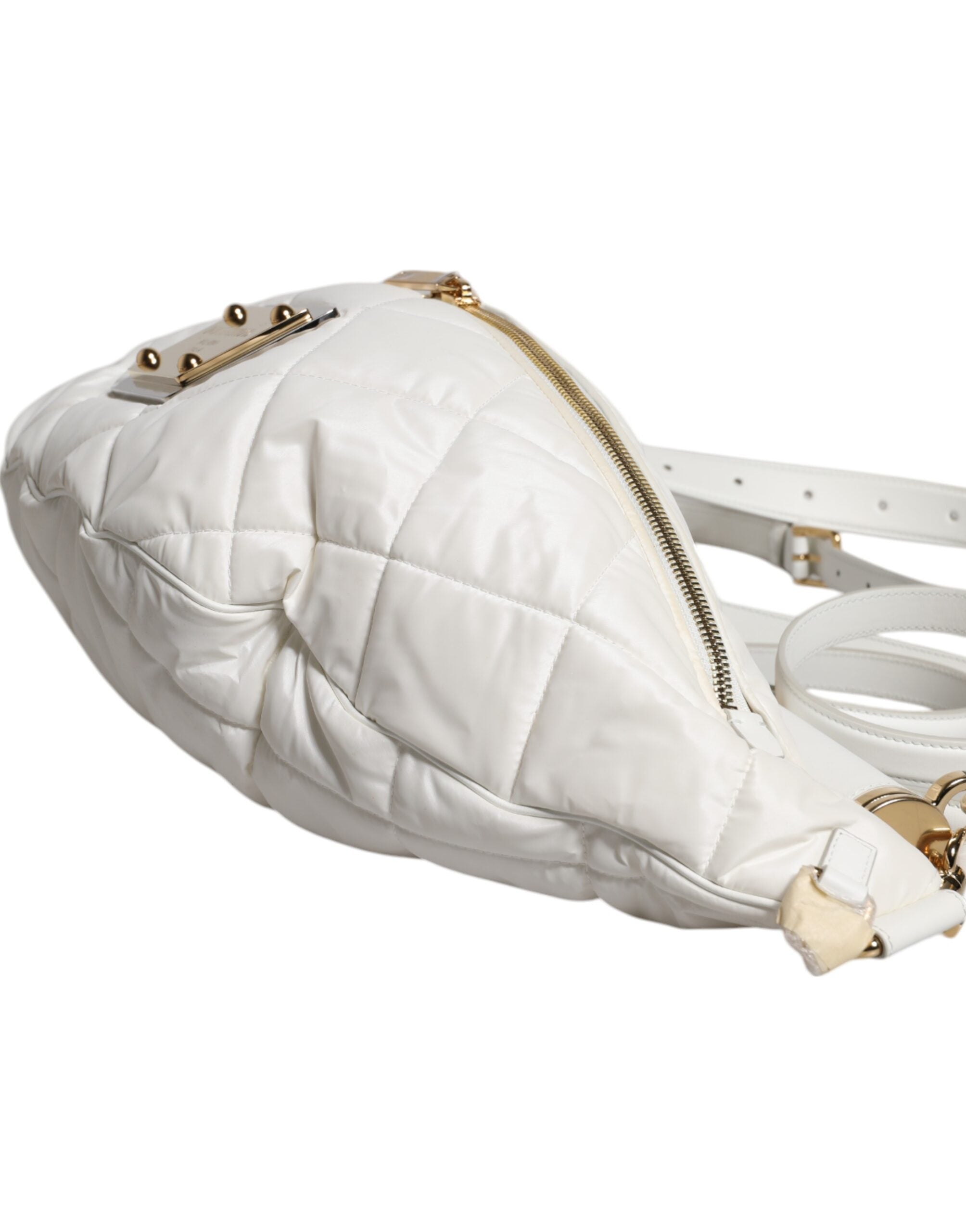Dolce &amp; Gabbana White Quilted Logo Plaque Belt Waist Fanny Pack Bag