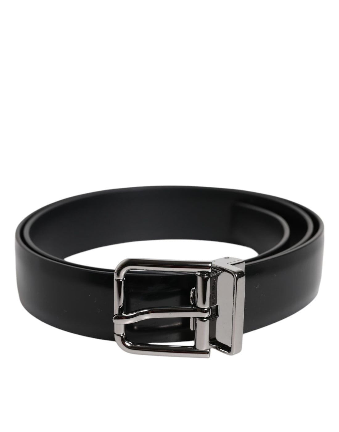 Dolce &amp; Gabbana Black Shiny Leather Silver Metal Buckle Belt