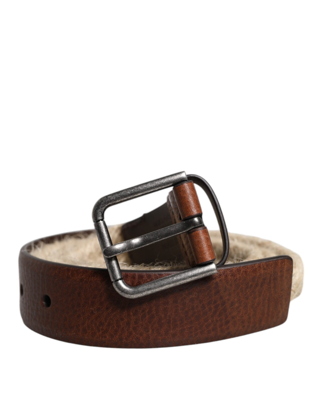 Dolce &amp; Gabbana Brown Jute Leather Woven Metal Buckle Belt