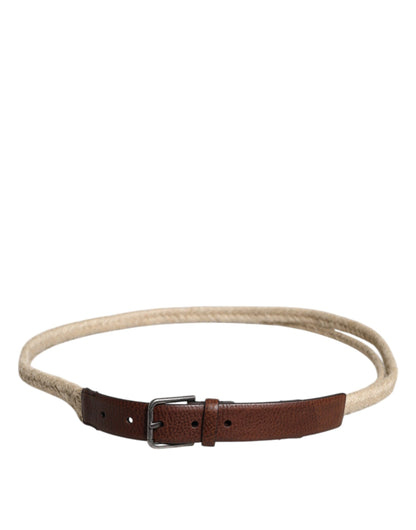 Dolce &amp; Gabbana Brown Jute Leather Woven Metal Buckle Belt