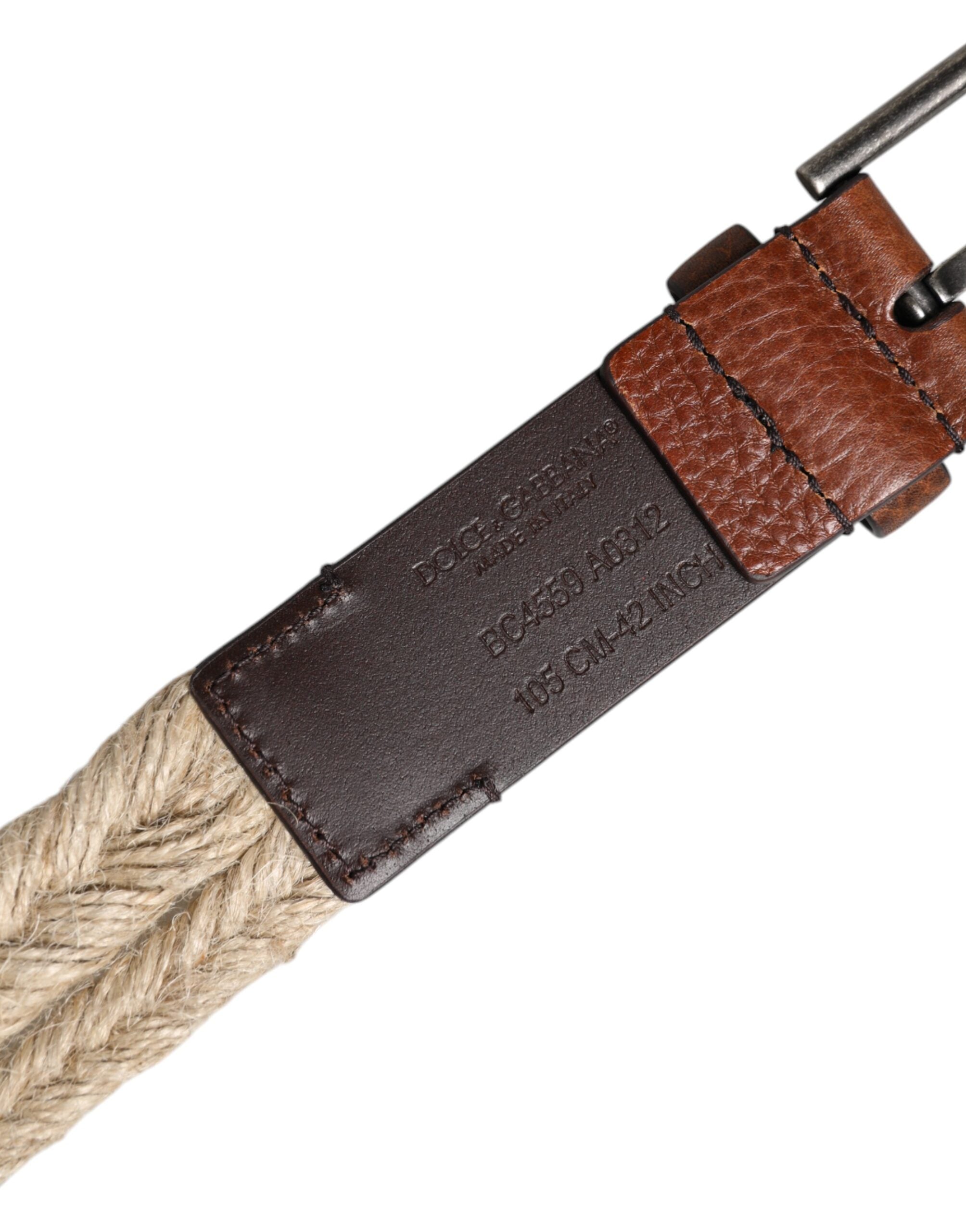 Dolce &amp; Gabbana Brown Jute Leather Woven Metal Buckle Belt