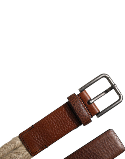 Dolce &amp; Gabbana Brown Jute Leather Woven Metal Buckle Belt