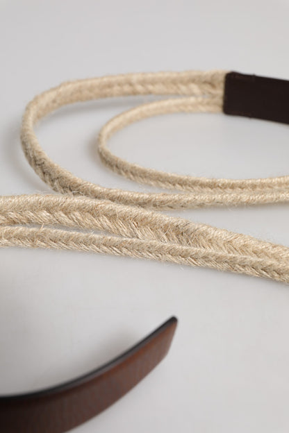 Dolce &amp; Gabbana Brown Jute Leather Woven Metal Buckle Belt