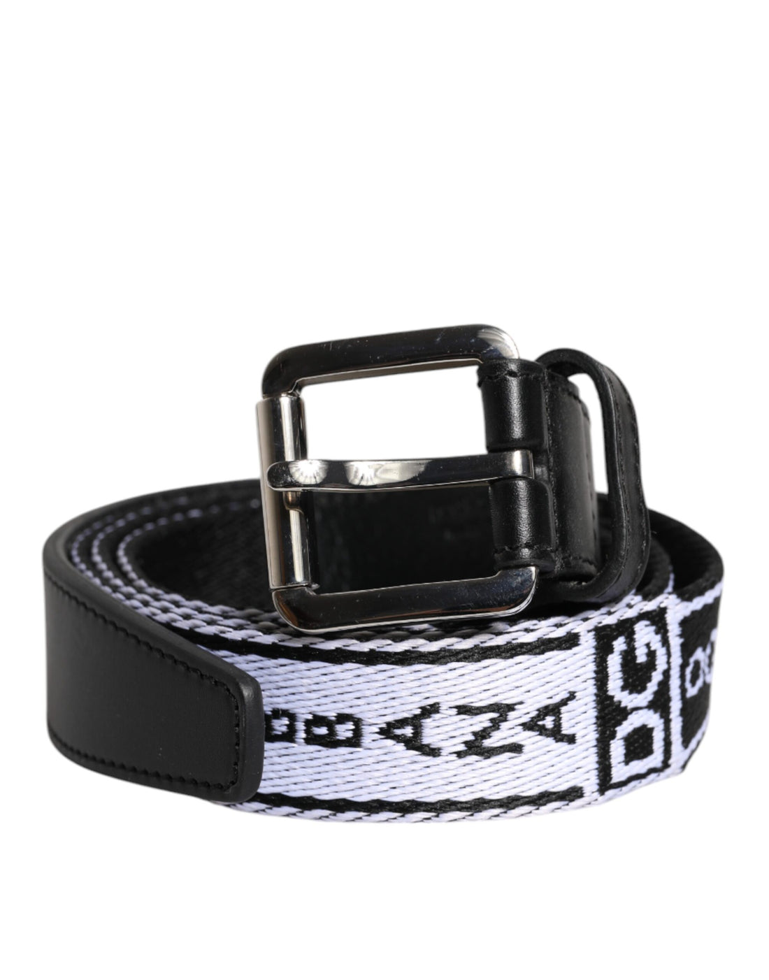 Dolce &amp; Gabbana Black White Printed Metal Logo Buckle Belt