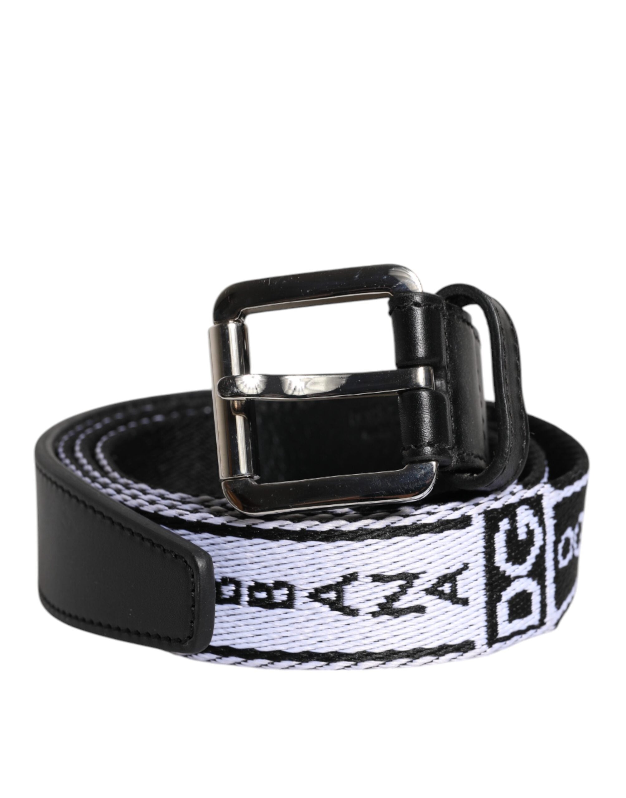 Dolce &amp; Gabbana Black White Printed Metal Logo Buckle Belt