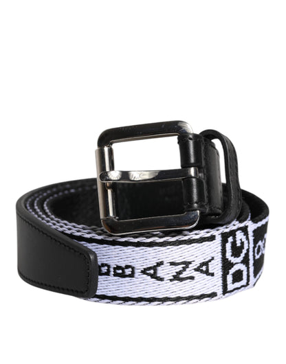 Dolce &amp; Gabbana Black White Printed Metal Logo Buckle Belt