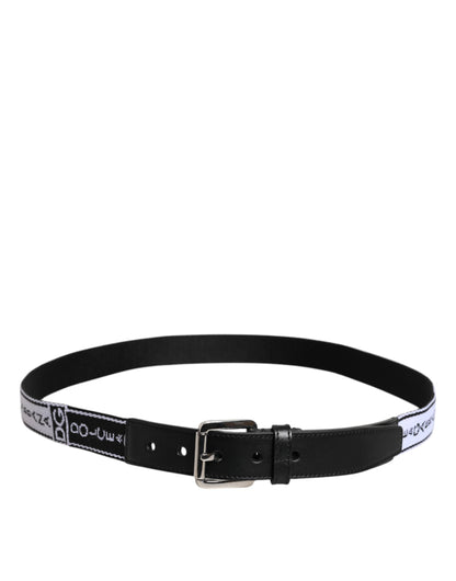 Dolce &amp; Gabbana Black White Printed Metal Logo Buckle Belt