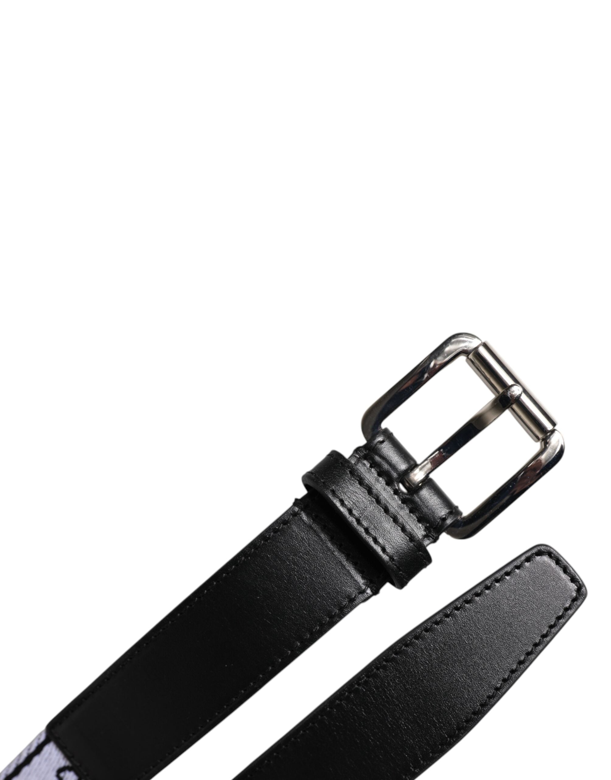 Dolce &amp; Gabbana Black White Printed Metal Logo Buckle Belt