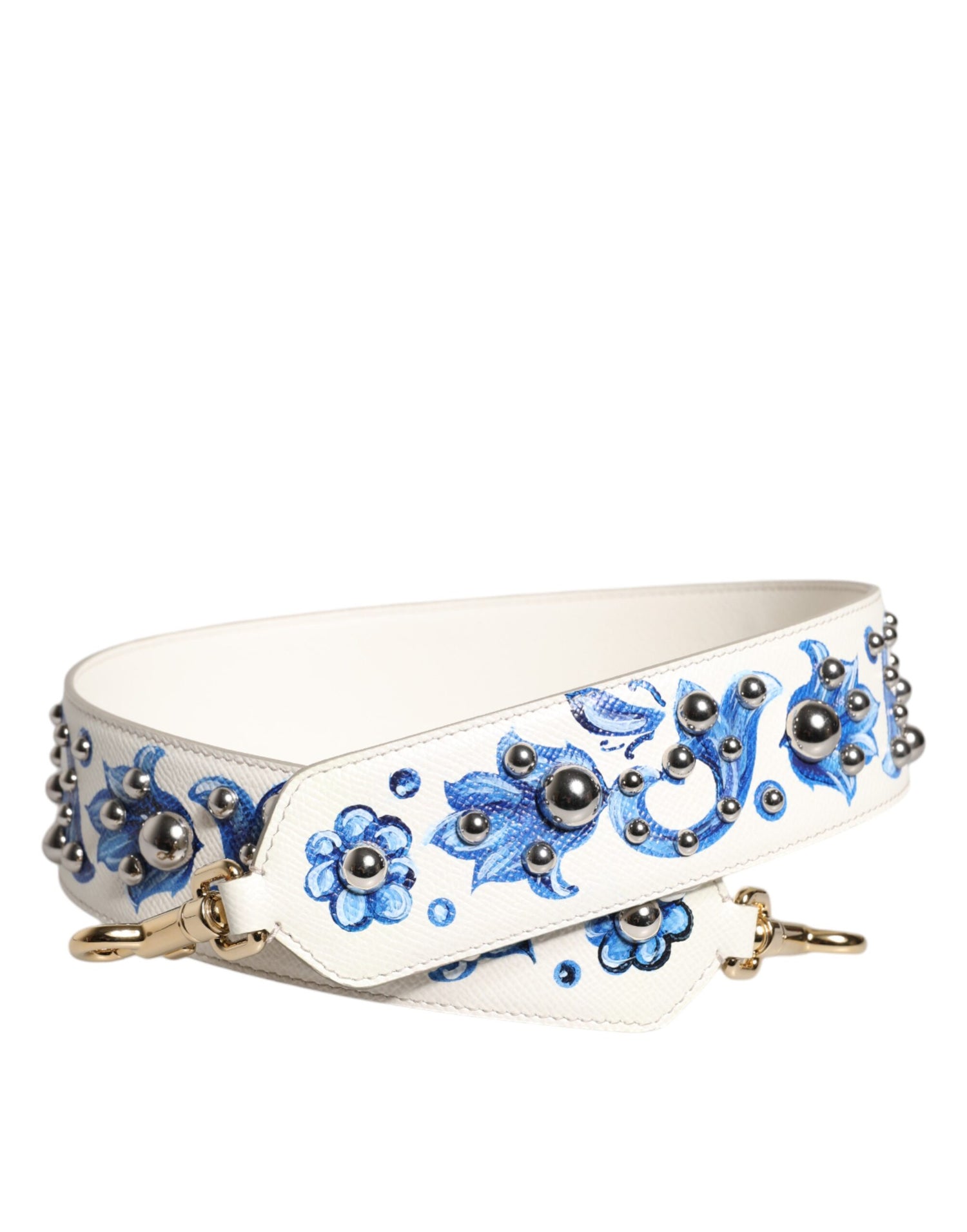 Dolce &amp; Gabbana White Blue Floral Leather Stud Shoulder Strap