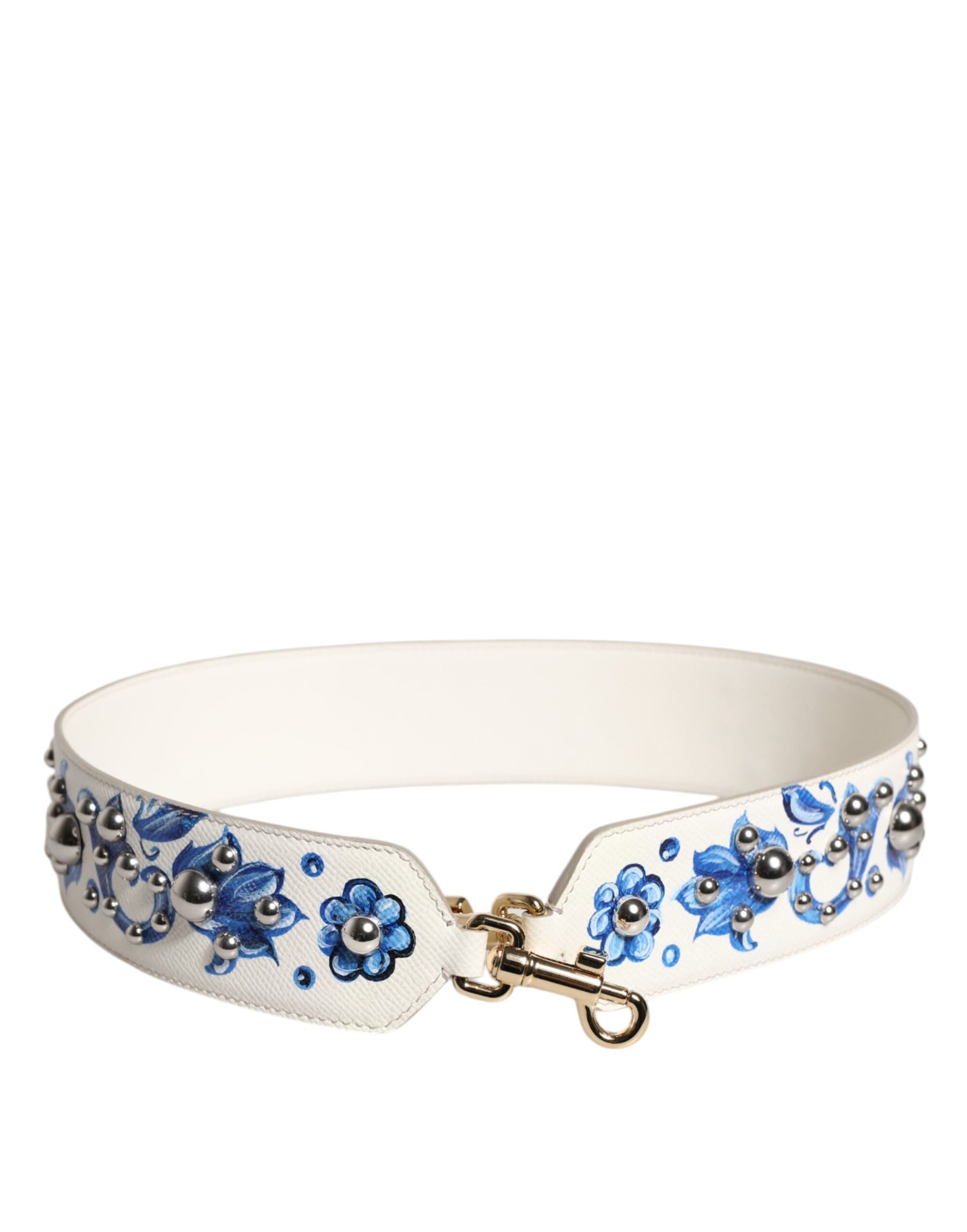 Dolce &amp; Gabbana White Blue Floral Leather Stud Shoulder Strap