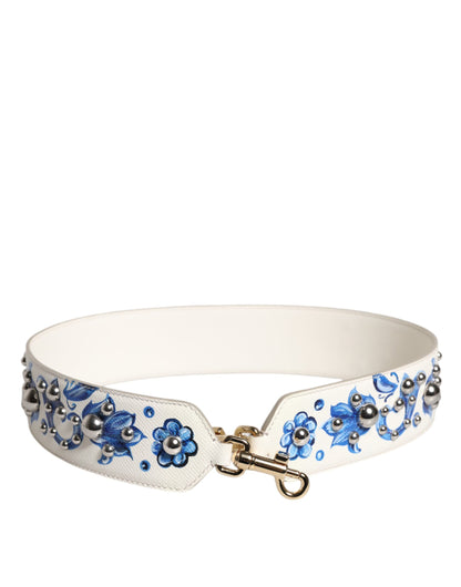 Dolce &amp; Gabbana White Blue Floral Leather Stud Shoulder Strap