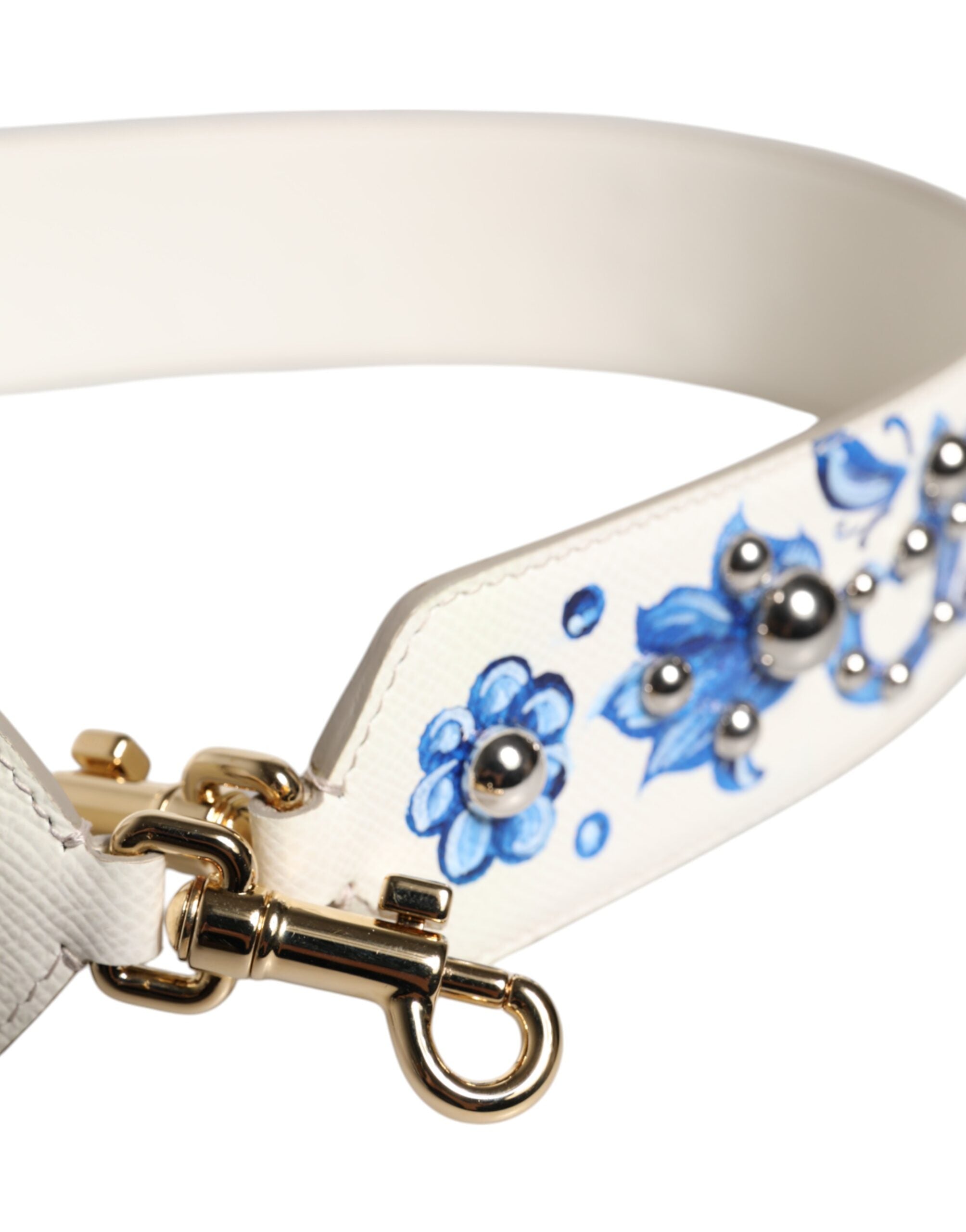 Dolce &amp; Gabbana White Blue Floral Leather Stud Shoulder Strap