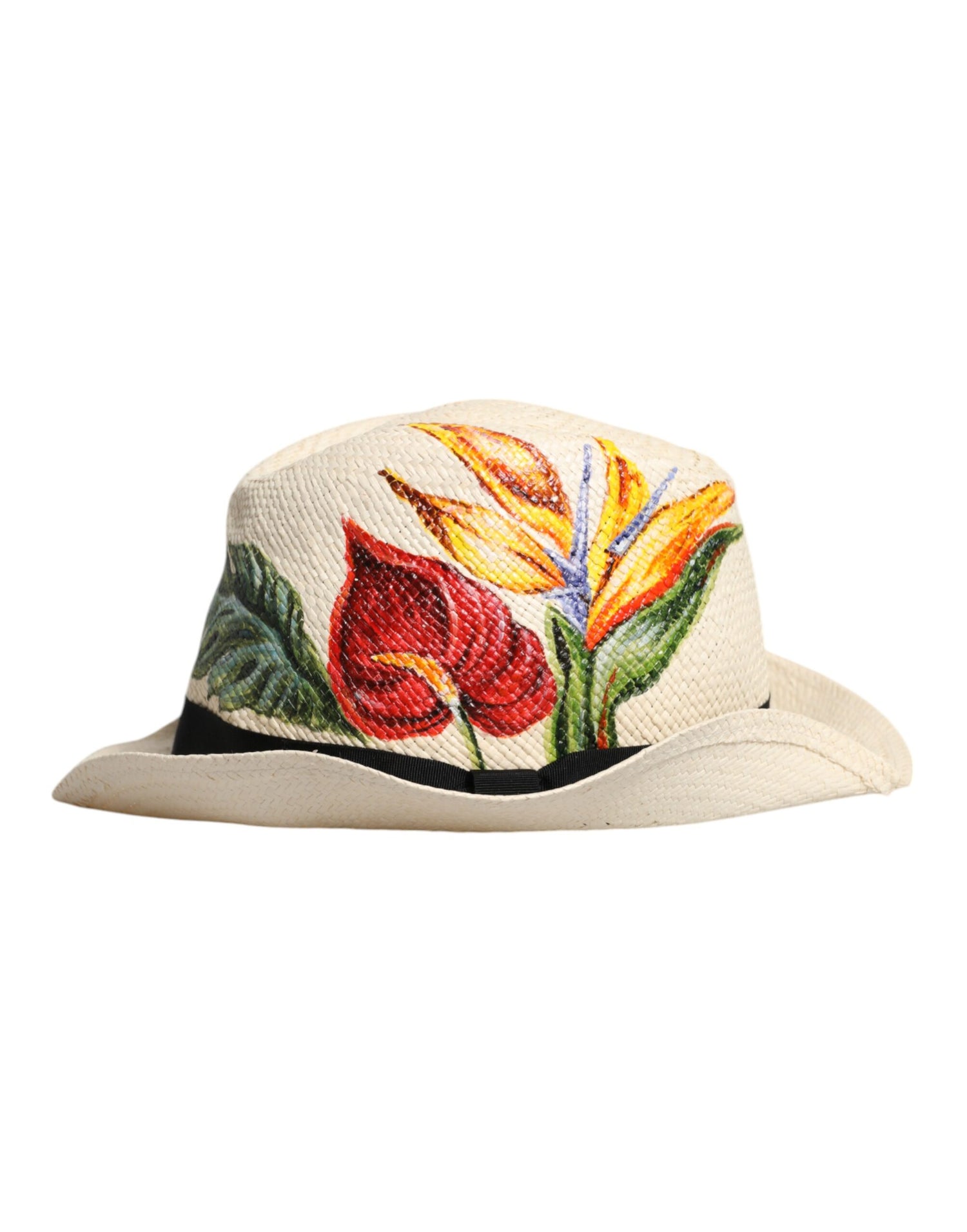 Dolce &amp; Gabbana Beige Floral Print Straw Wide Brim Fedora Hat