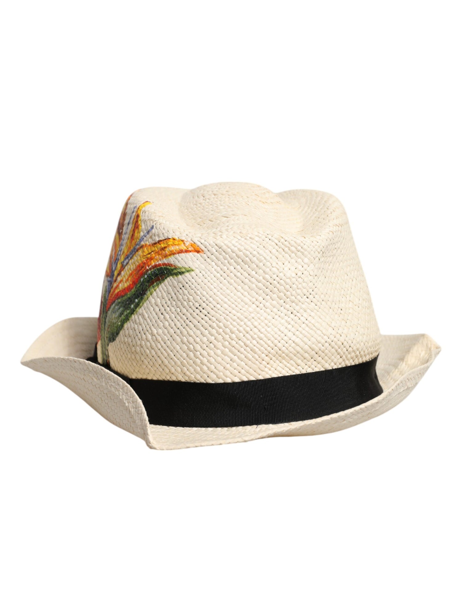 Dolce &amp; Gabbana Beige Floral Print Straw Wide Brim Fedora Hat