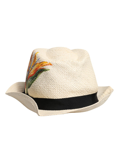 Dolce &amp; Gabbana Beige Floral Print Straw Wide Brim Fedora Hat