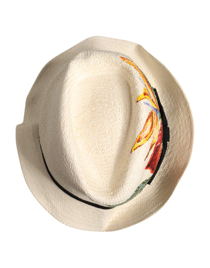 Dolce &amp; Gabbana Beige Floral Print Straw Wide Brim Fedora Hat