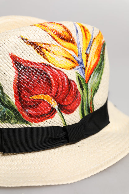 Dolce &amp; Gabbana Beige Floral Print Straw Wide Brim Fedora Hat