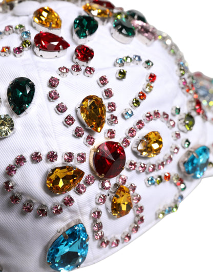 Dolce &amp; Gabbana White Multicolor Crystal Embellish Baseball Cap