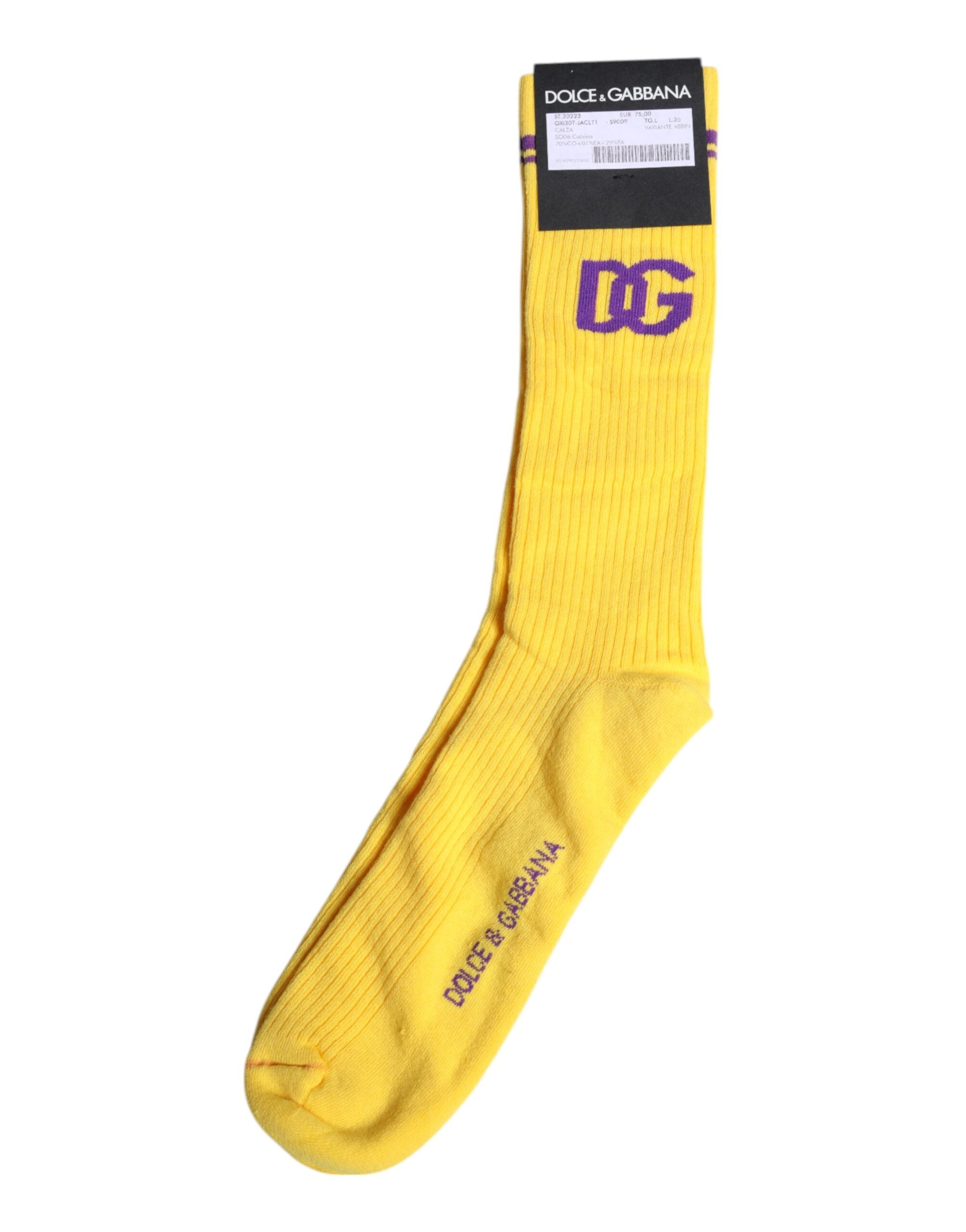 Dolce &amp; Gabbana Yellow Cotton DG Logo Mid Calf Socks