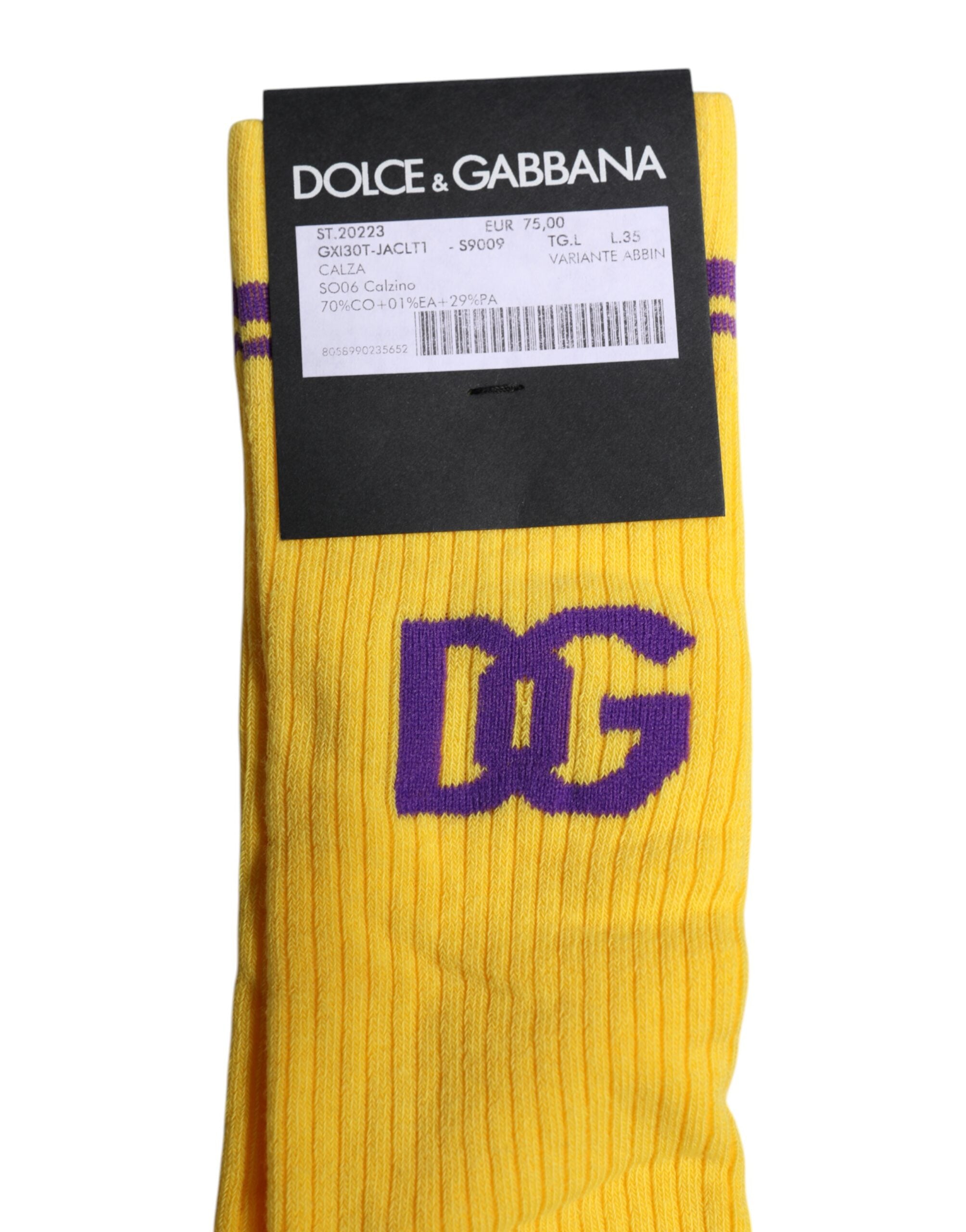 Dolce &amp; Gabbana Yellow Cotton DG Logo Mid Calf Socks