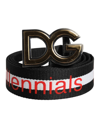 Dolce &amp; Gabbana Black Cotton Logo Print DG Buckle Belt