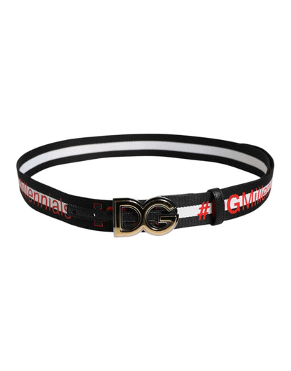 Dolce &amp; Gabbana Black Cotton Logo Print DG Buckle Belt